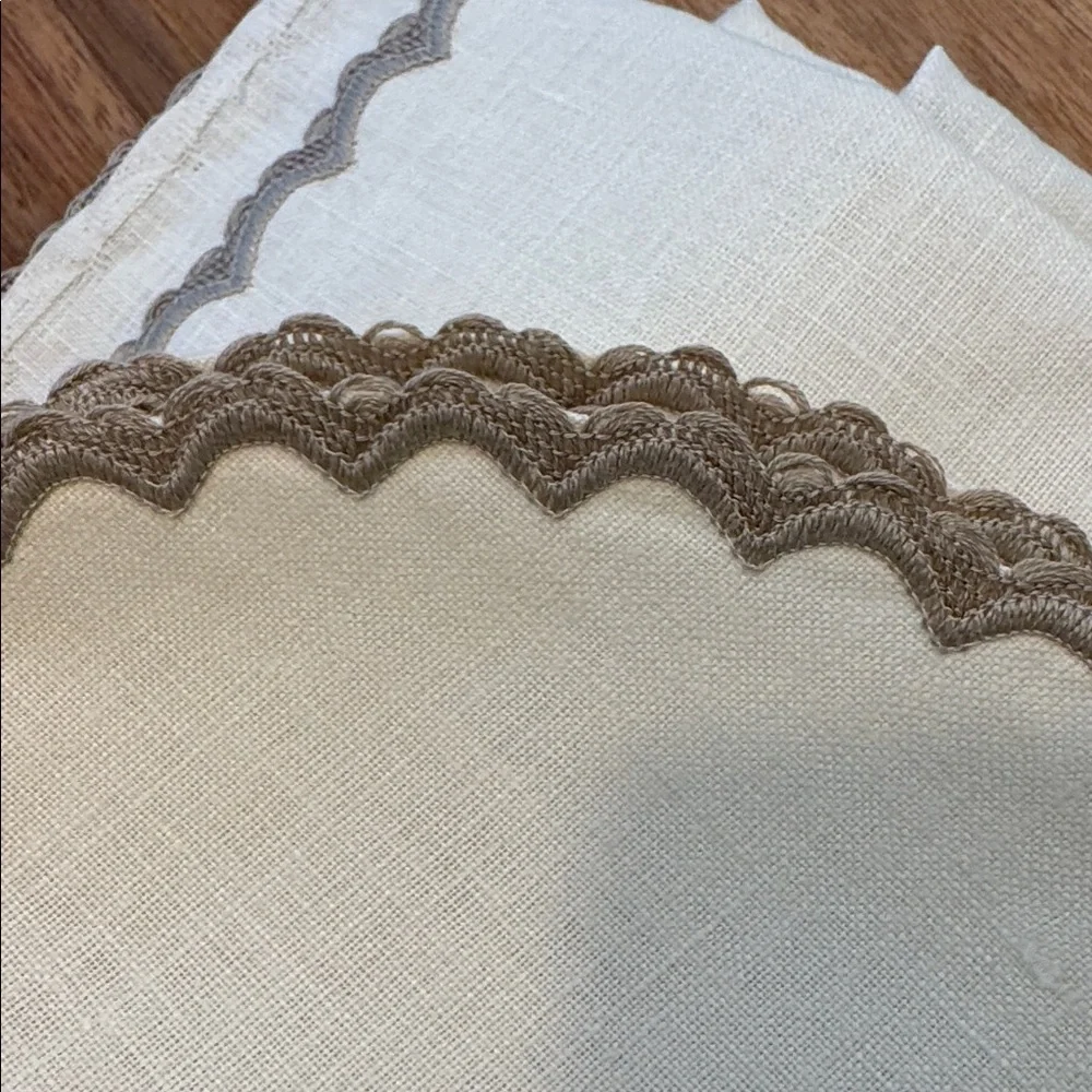 Vintage Linen Tablecloth & 8 Napkins Set Scalloped Crochet Trim Ivory